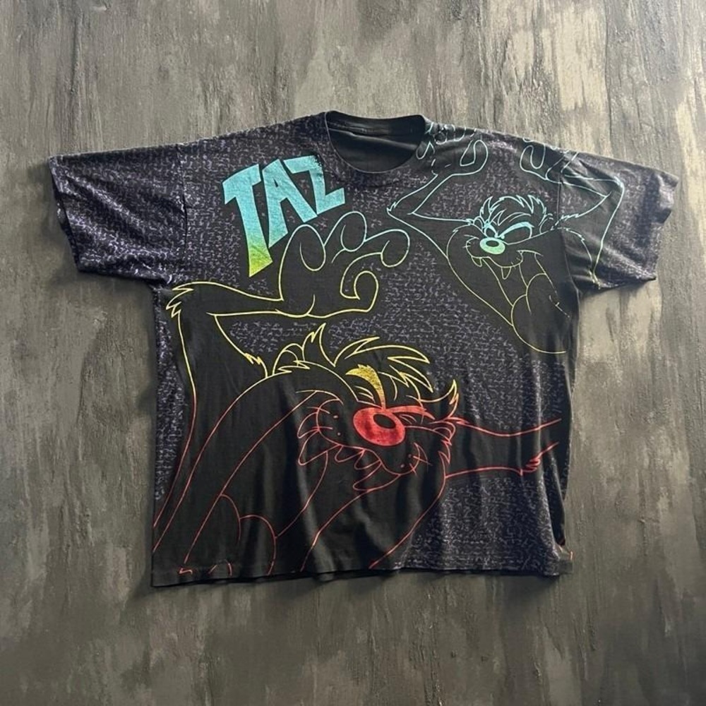 Vintage‎ Tasmanian Devil Shirt Mens XL Black 1990s Looney Tunes AOP